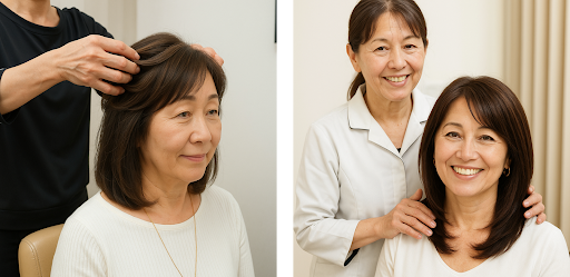 ヘアスタイリストによる丁寧なカウンセリングと施術後の笑顔の様子