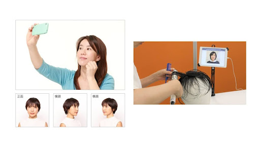 スマートフォンで自撮りする女性と頭皮診断機器によるスコープチェックの様子
